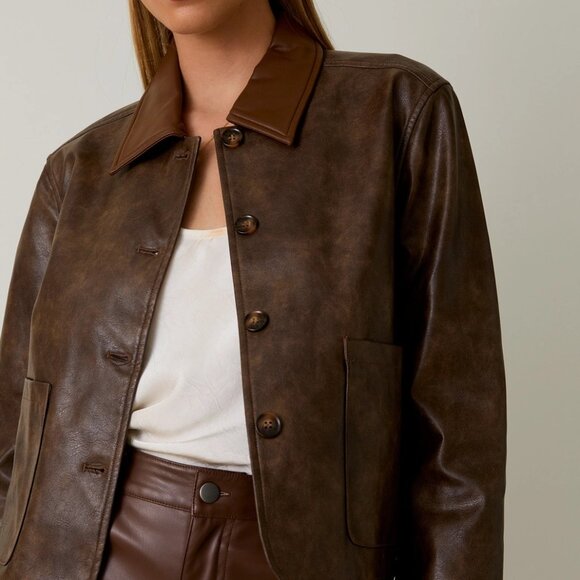 Brooks Faux Leather Long Sleeve Cropped Jacket | Chocolate Brown Fall and Winter - Picture 9 of 11
